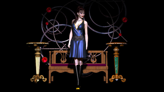 Обои картинки фото 3д графика, people , люди, девушка, столики, скамейка, платье, взгляд