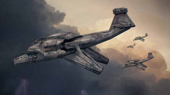 Обои картинки фото фэнтези, роботы,  киборги,  механизмы, тучи, молнии, фронт, грозовой, самолеты, будущее