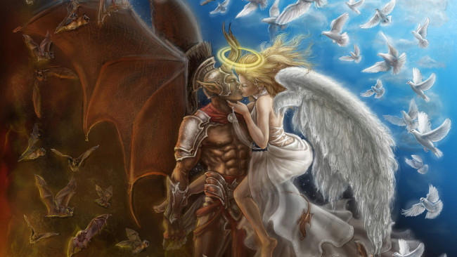 Обои картинки фото рисованные, живопись, мужчина, женщина, птички