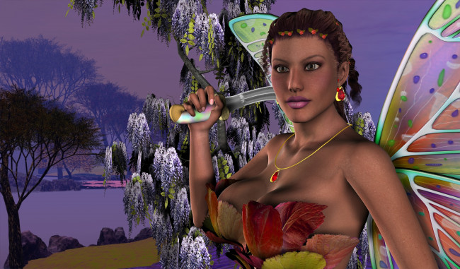 Обои картинки фото 3д графика, elves , эльфы, крылья, фея, девушка, меч