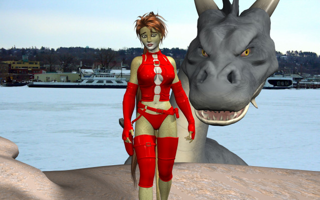 Обои картинки фото 3д графика, fantasy , фантазия, дракон, девушка, кошка