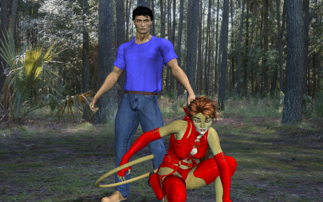 Обои картинки фото 3д графика, fantasy , фантазия, лес, мужчина, девушка, кошка