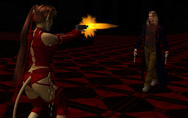 Обои картинки фото 3д графика, fantasy , фантазия, мужчина, девушка, кошка, оружия, выстрел