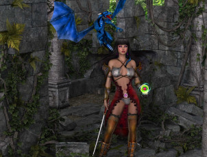 Картинка 3д+графика фантазия+ fantasy девушка магия дракон меч фон взгляд