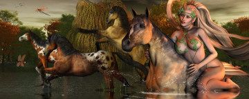 Картинка 3д+графика эльфы+ elves фон вода взгляд эльфийка растения стрекозы кони