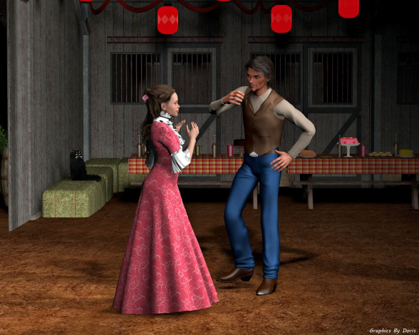 Обои картинки фото 3д графика, люди , people, столы, мужчина, фон, взгляд, девушка