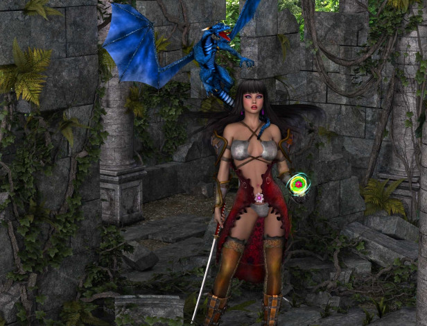 Обои картинки фото 3д графика, фантазия , fantasy, девушка, магия, дракон, меч, фон, взгляд