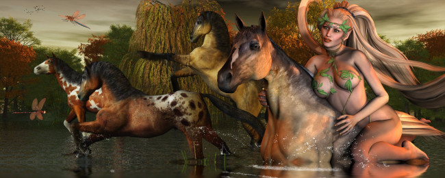 Обои картинки фото 3д графика, эльфы , elves, фон, вода, взгляд, эльфийка, растения, стрекозы, кони