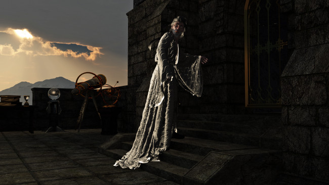 Обои картинки фото 3д графика, фантазия , fantasy, небо, пушка, халат, старик