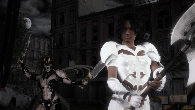 Обои картинки фото 3д графика, фантазия , fantasy, оружие, фон, взгляд, девушка, существо