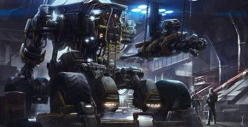 Картинка фэнтези роботы +киборги +механизмы люди ангар мир иной механоид робот