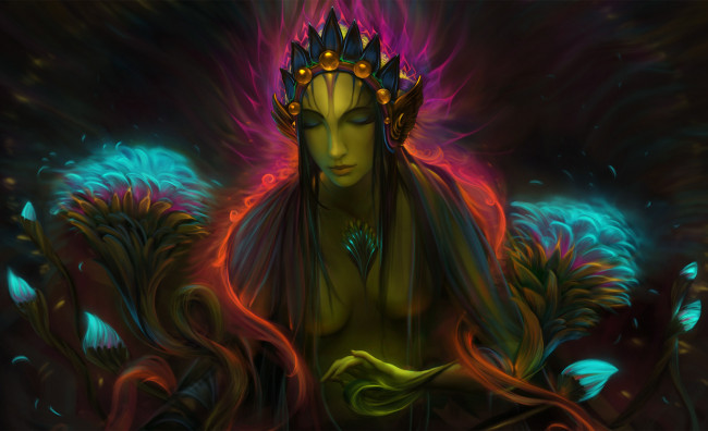 Обои картинки фото фэнтези, существа, взгляд, фон, девушка