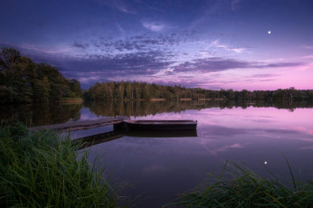 Картинка корабли лодки +шлюпки лес закат мостик озеро лодка