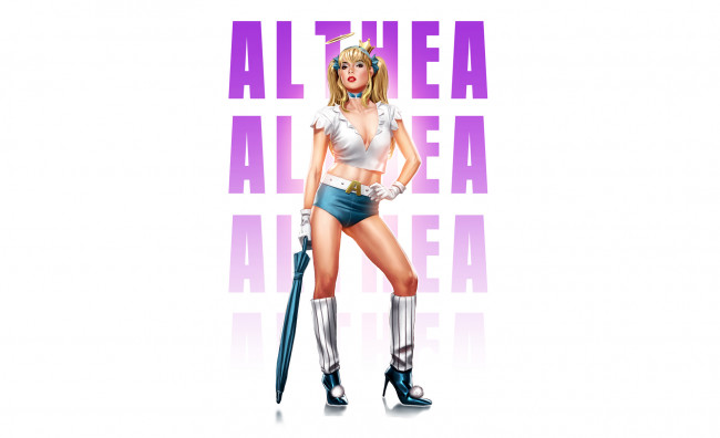 Обои картинки фото рисованное, комиксы, зонтик, нимб, взгляд, девушка, фон