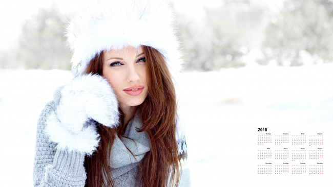 Обои картинки фото календари, девушки, 2018, взгляд, лицо, шапка