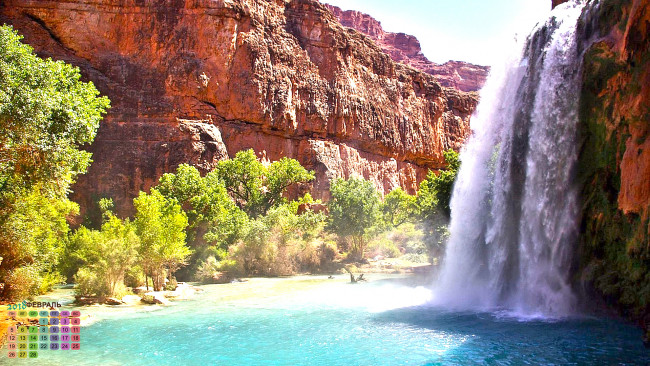 Обои картинки фото календари, природа, 2018, водопад, деревья