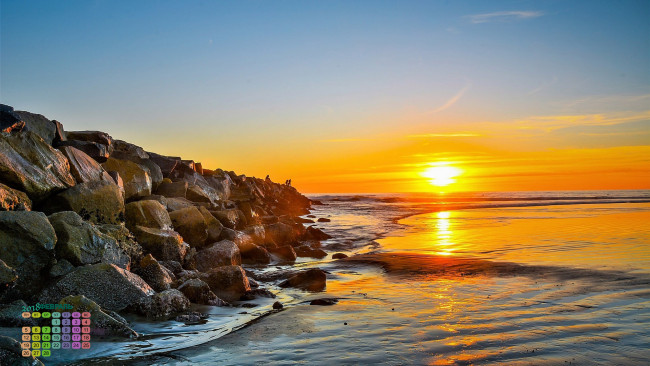 Обои картинки фото календари, природа, водоем, закат, камни, 2018