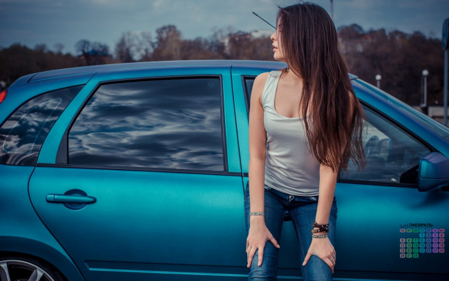 Обои картинки фото календари, девушки, машина, профиль, 2018