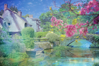 Картинка разное компьютерный+дизайн дом речка мост лодка
