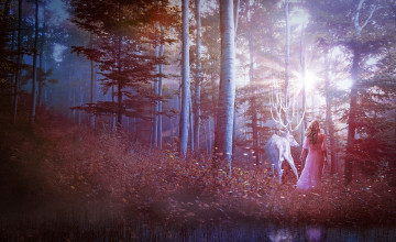 Картинка разное компьютерный+дизайн девушка фон лес олень