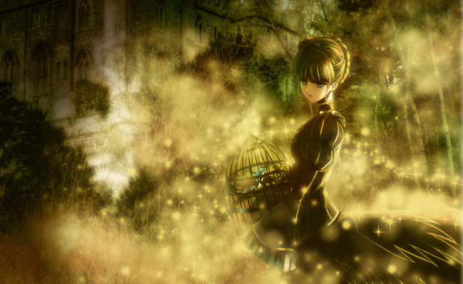 Обои картинки фото аниме, umineko no naku koro ni, девушка, клетка, туман, здания