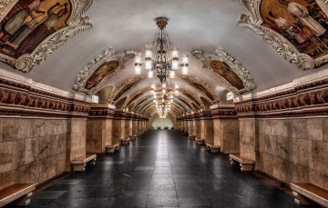 Картинка интерьер холлы +лестницы +корридоры туннель московский метрополитен россия люстра живопись
