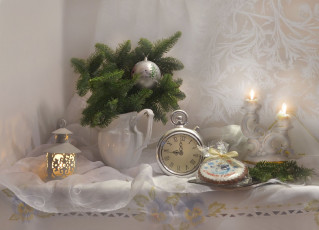 обоя праздничные, - разное , новый год, новый, год, ель, часы, игрушки