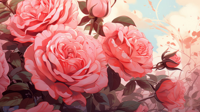 Обои картинки фото рис, рисованное, цветы, розы, сад, розовые, живопись, имитация, живописи, ии-арт, нейросеть