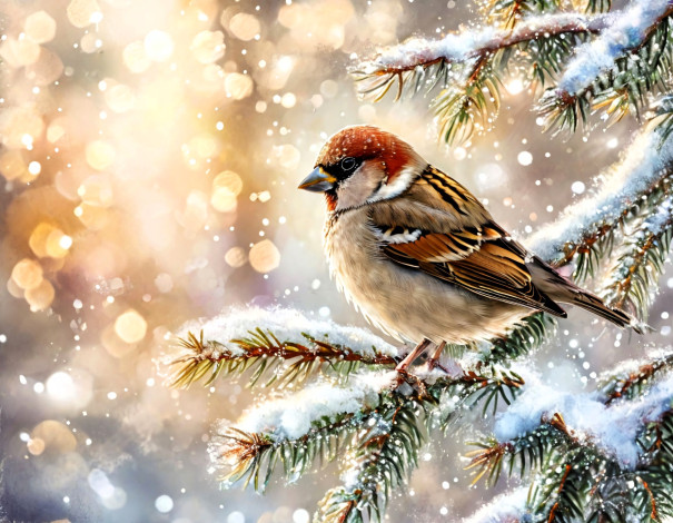 Обои картинки фото рисованное, животные,  птицы, воробей, птица, снег, ветки, зима, ёлка