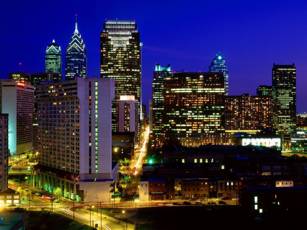 Обои картинки фото center, city, skyline, philadelphia, pennsylvania, города, огни, ночного