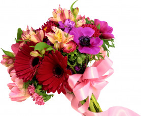 Картинка цветы букеты композиции альстомерия герберы маргаритки анемоны лента