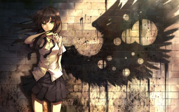 Картинка аниме angels demons стена крыло девушка