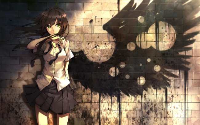 Обои картинки фото аниме, angels, demons, стена, крыло, девушка