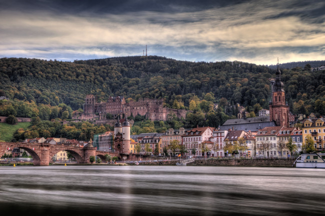 Обои картинки фото гейдельберг, германия, города, река, замок, мост, лес