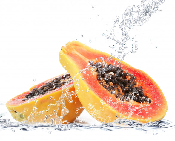 Обои картинки фото еда, папайя, папайа, брызги, вода