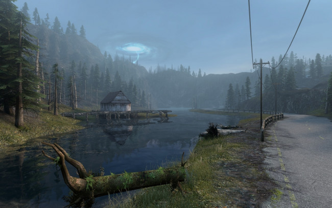 Обои картинки фото 3д графика, nature, landscape , природа, горы, дорога, избушка, река, лес