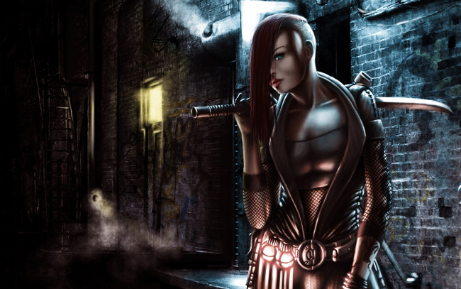Обои картинки фото фэнтези, девушки, переулок, город, меч, девушка