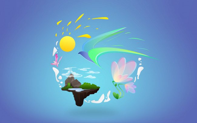 Обои картинки фото рисованные, минимализм, небо, земля, фон, птицы, солнце, облака