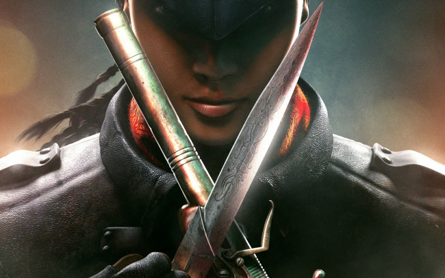 Обои картинки фото видео игры, assassin`s creed iii,  liberation, девушка, игра, liberation, нож, эвелин, пистоль, треуголка, creed, assassins