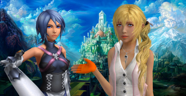 Обои картинки фото 3д графика, аниме , anime, фон, взгляд, девушки, замок