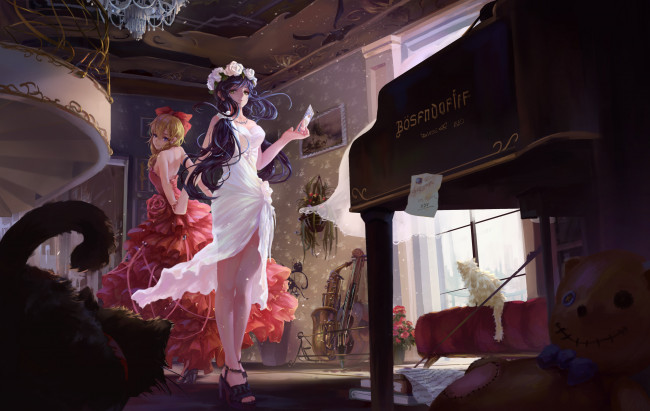 Обои картинки фото аниме, музыка, платья, девушки, комната, кот, музыкальные, инструменты, арт, neko-mura, ikkro, toujou, nozomi, ayase, eri, school, idol, project, love, live