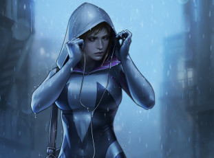 Картинка рисованное комиксы spider gwen stacy арт marvel comics девушка взгляд капюшон костюм сумка наушники