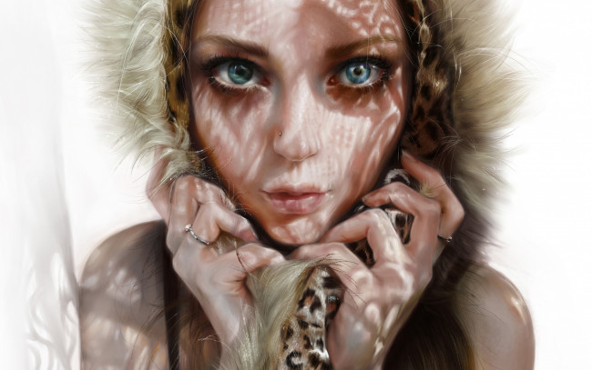 Обои картинки фото рисованное, люди, взгляд, глаза, лицо, мех, девушка, капюшон, красота, арт