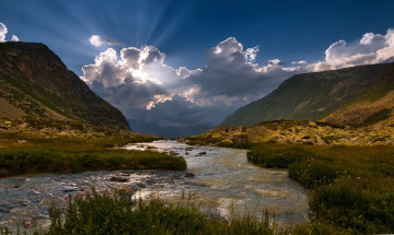 Картинка природа реки озера лучи горы облака река