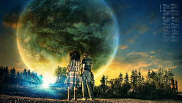 Картинка календари фэнтези 2018 планета девушка парень деревья