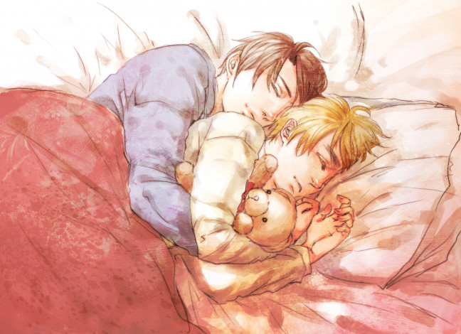 Обои картинки фото аниме, hetalia,  axis powers, кровать, сон, подушки, одеяло, мишка, парни