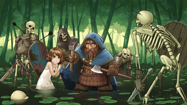 Обои картинки фото аниме, животные,  существа, оружие, вода, фон, мужчина, скелет, девочка