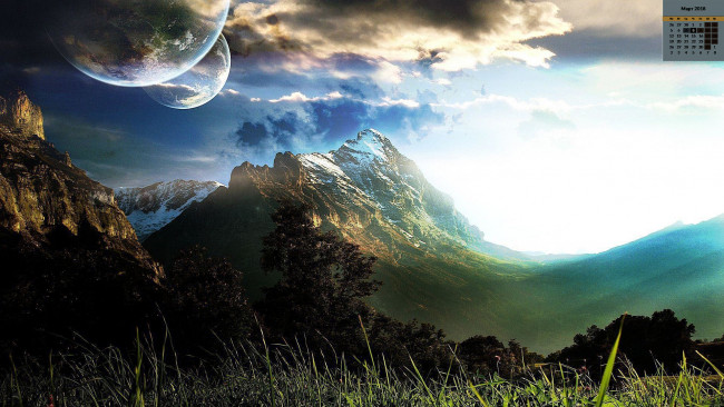 Обои картинки фото календари, фэнтези, 2018, планета, скала, растения