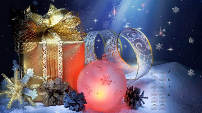 Обои картинки фото календари, праздники,  салюты, 2018, шар, шишка, подарок