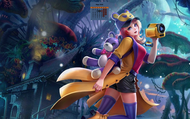 Обои картинки фото календари, рисованные,  векторная графика, 2018, девушка, взгляд, видеокамера, игрушка